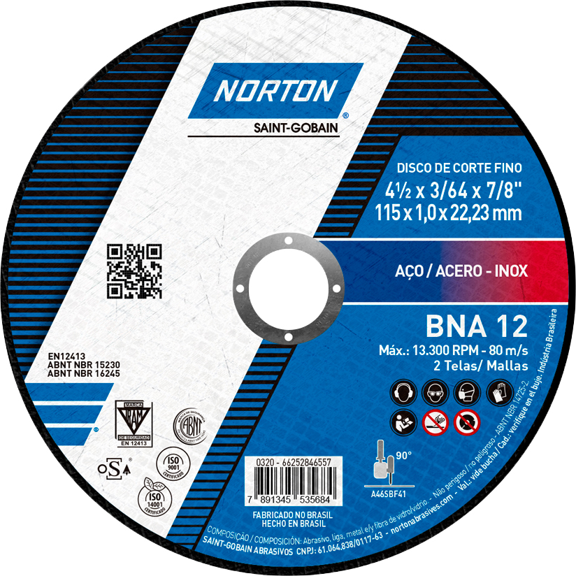 Disco de Corte 4 1/2" ( 115 x 1,0 x 22,2mm) BNA12 Norton